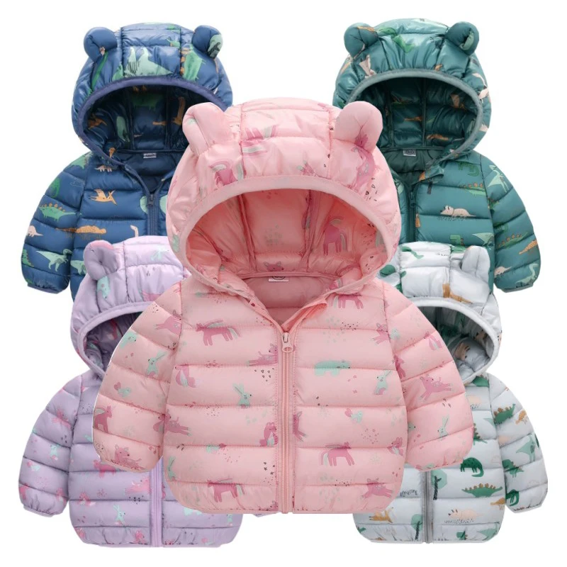 Kids Baby Boy Hooded Lightweight Down Jacket Girl Cartoon Dinosaur Zipper Coats Autumn Winter Warm Christmas Outerwear1-5 Years