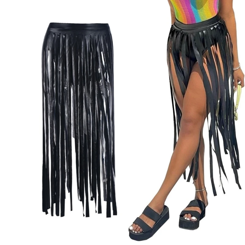 

Women Punk PU Leather Fringed Tassels Hip Skirt Lady Girls Elastic High Waist Panty Lined Stretch Long Skirt Club Dance Costume