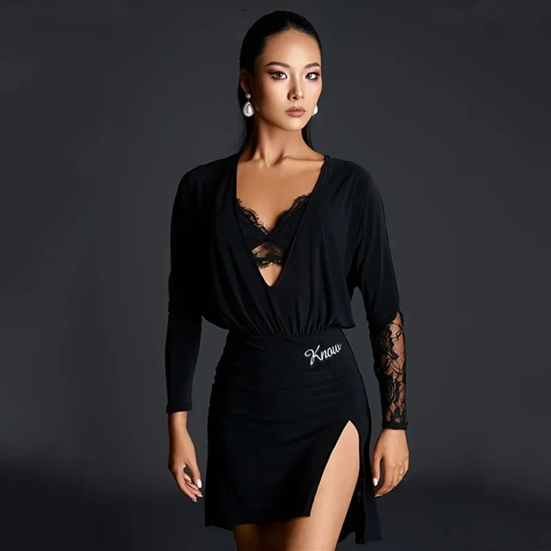 

Latin Dance Dress Women Bat Sleeves Black Lace Dress Adult Rumba Cha Cha Tango Dance Clothes Salsa Performance Costume DNV20290