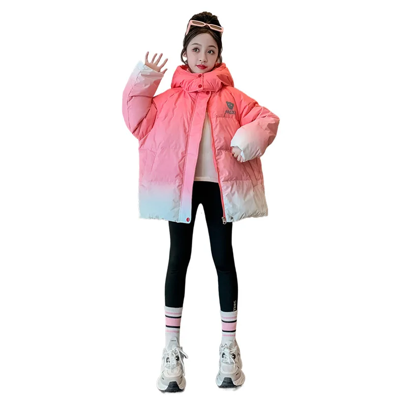 Girls' outerwear for autumn and winter, new western-style mid size children's winter clothing, gradient white duck down down jac