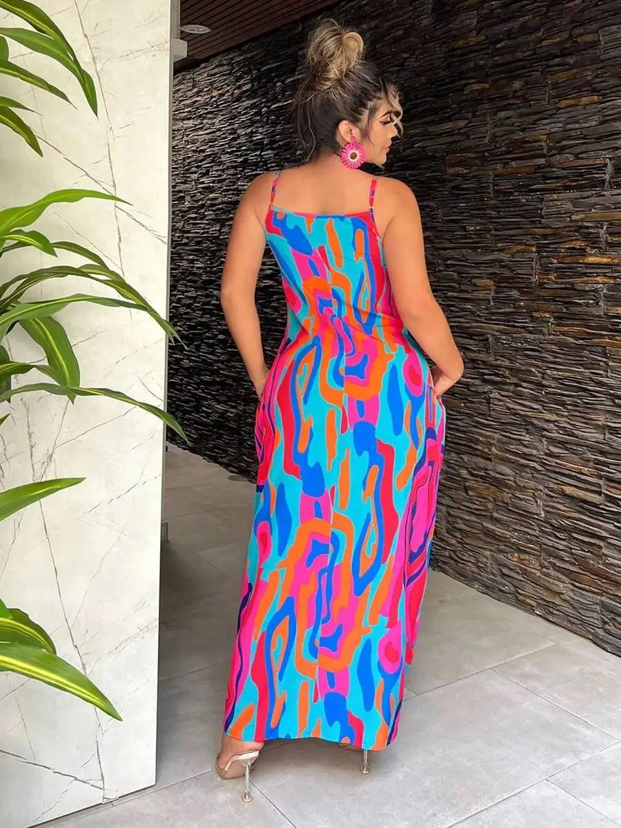 

Plus Size All Over Print Sleeveless Flowy Maxi Dress For Beach Party Summer Vacation