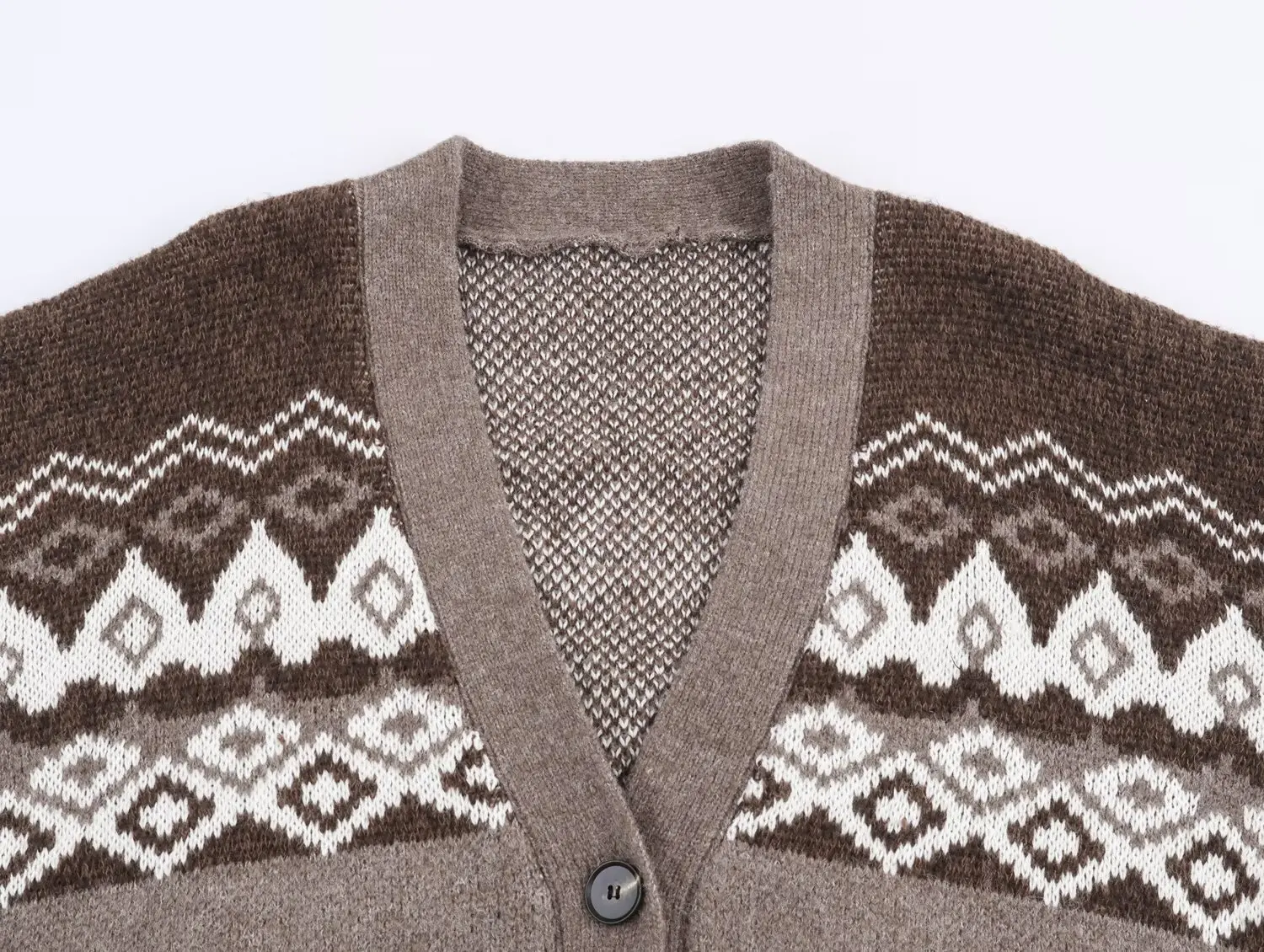 2025, neue Damenbekleidung, europäischer und amerikanischer Stil, modische Jacquard-Strickjacke mit V-Ausschnitt, gebürstetem Farbeffekt