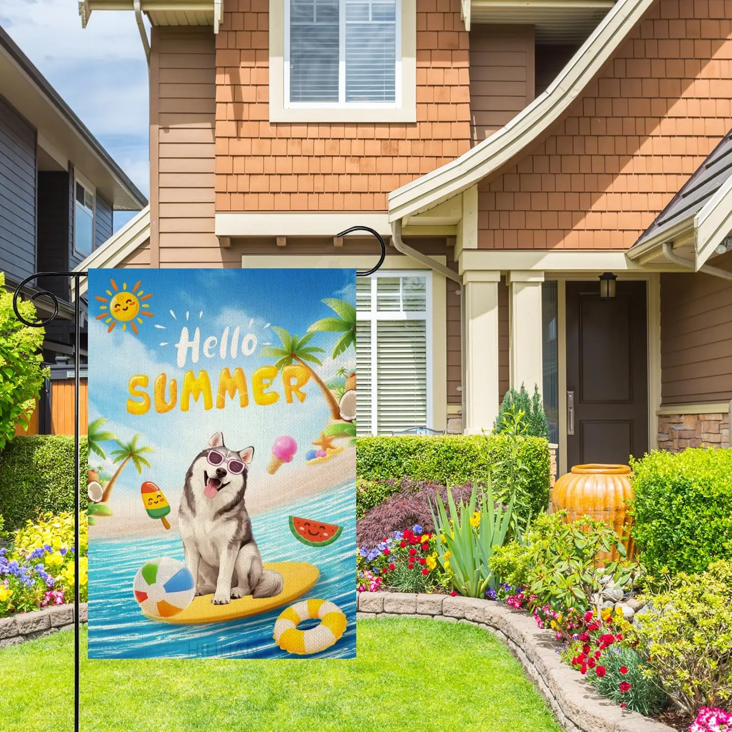 Hello Summer Sea Beach Dogs Garden Flag, Husky Flag 12x18 Inch Double Sided,Ice cream Watermelon Seasonal Burlap Yard Flag f PPZ