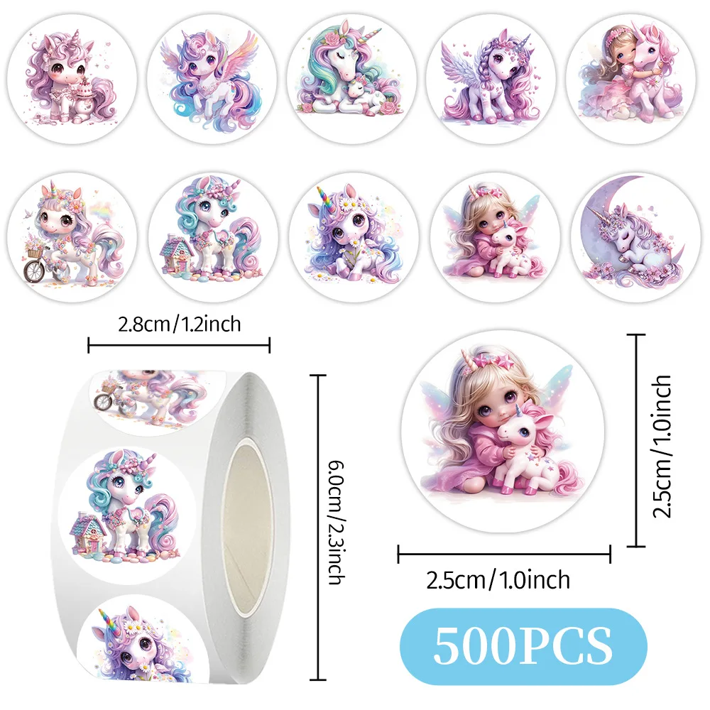 Rouleau d'autocollants de scellage licorne rose, 500 pièces/rouleau, dessin animé, coque de téléphone en PVC, tasse d'eau, autocollants pour ordinateur portable, décoration, récompense, cadeau, jouets, cadeaux, DIY bricolage