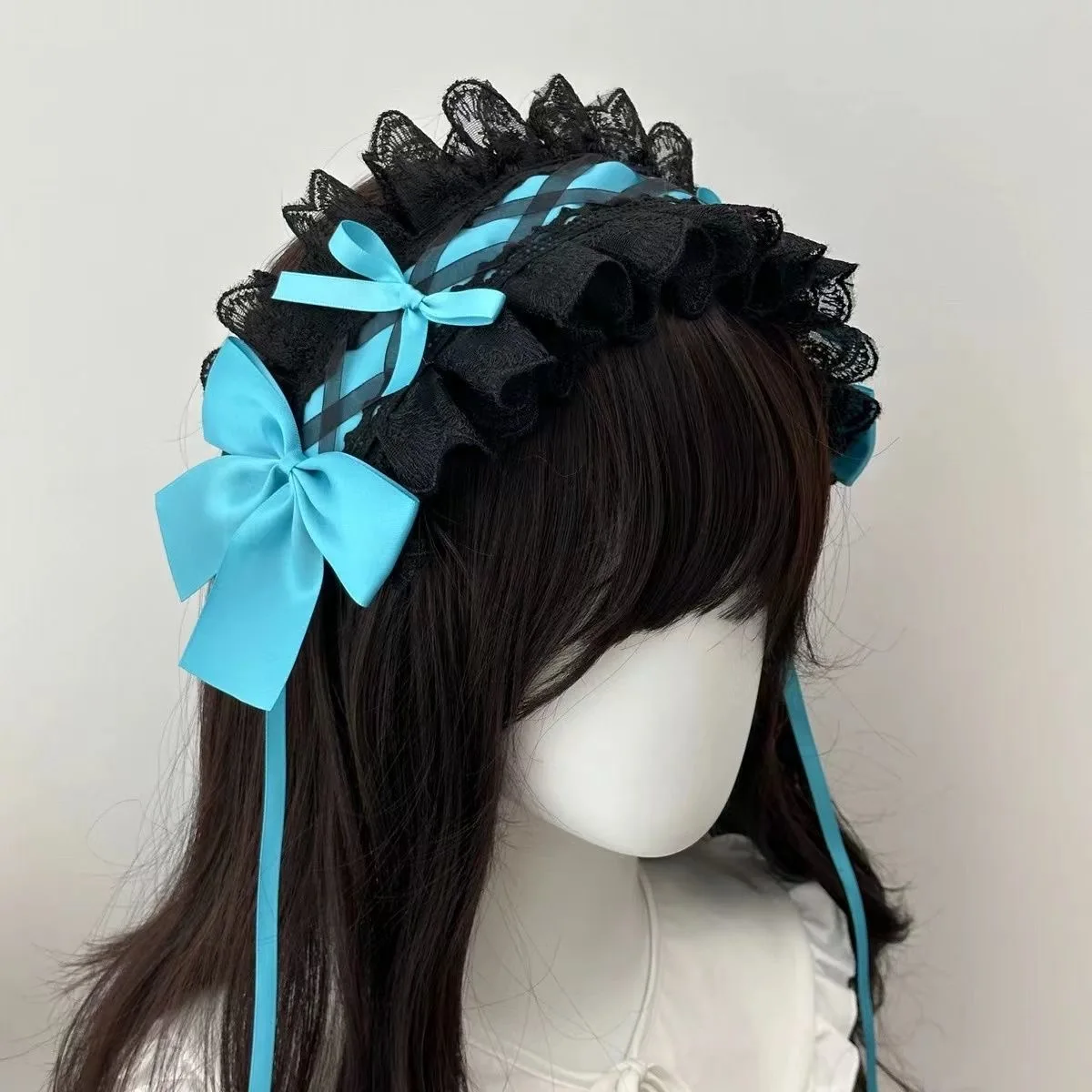 

Women Girls Lolita Bowknot Maid Headdress Ruffled Lace Headpiece Headband Japanese Style Crisscross Ribbon Headwear