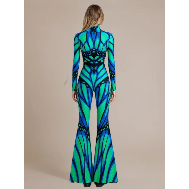 Mehrfarbiger Schlaghosen-Body mit Regenbogen-Effekt, ausgestellter Catsuit für Rave-Partys, Halloween, Schmetterlings-Skelett-Jumpsuit-Outfit 2026 – Detail 17