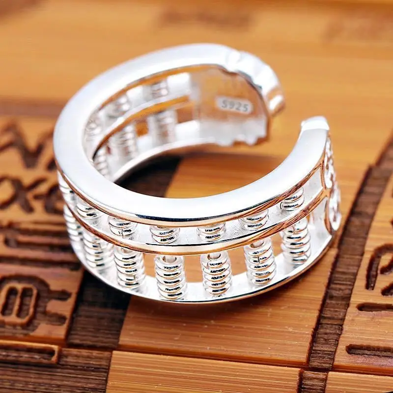 

S925 Sterling Silver Men's and Women's Ring, Chinese Style Wealth Transfer Couple Ring Retro Open Ring Jewelry Gift