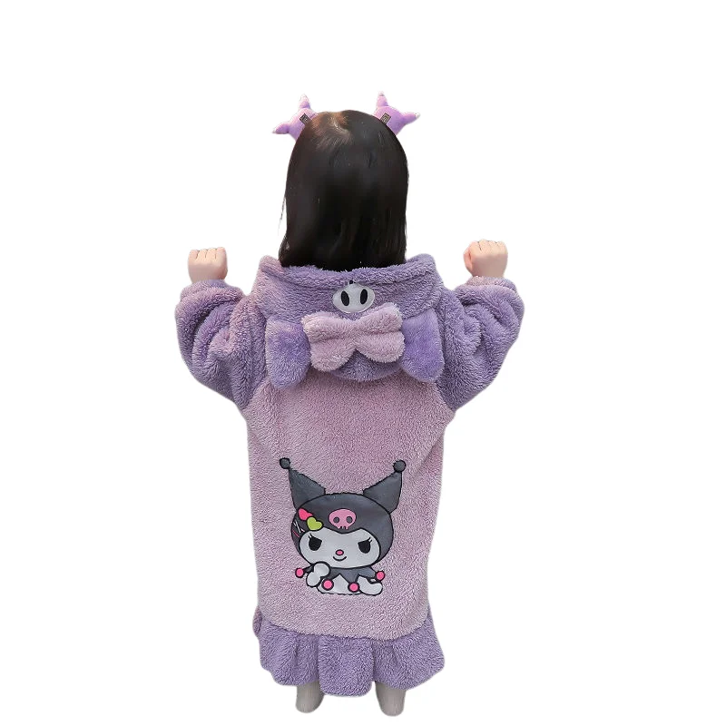 Sanrio Girl Flannel Pajamas Kuromi Plus Velvet Keep Warm Hooded Lounge Clothes Cartoon Kawaii Soft Comfortable Sleeping Bag New