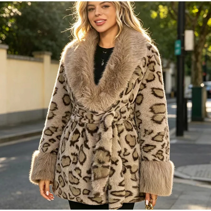 Tie Waist Faux Fur Coat Leopard Pattern Shawl Lapel Furry Cuff Splicing Long Sleeve Loose Chic Jacket 2026 Women's Fashion Coats