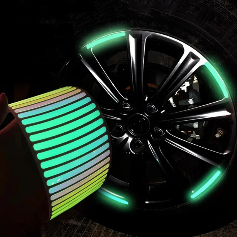 20PC 3D Car Wheel Hub Reflective Sticker Rainbow Fluorescence Luminous Stripe Tape Car Motorcycle Decals Night Driving Safety