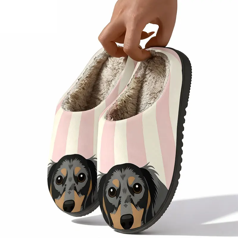 Dachshund Dog Pink Stripe Print Women's Winter Warm Plush Slippers Fuzzy Fleece House Slippers Indoor Shoes view 3