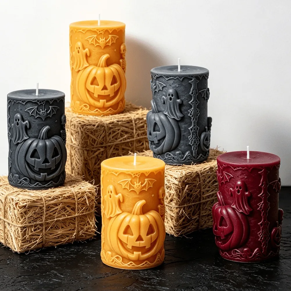 Halloween 3D-geprägte Kürbis-Silikonform für Kerzen, Geist, Fledermaus, Totenkopf, Säule, Vintage DIY Gips Epoxidharz Ornament Werkzeug Souvenir