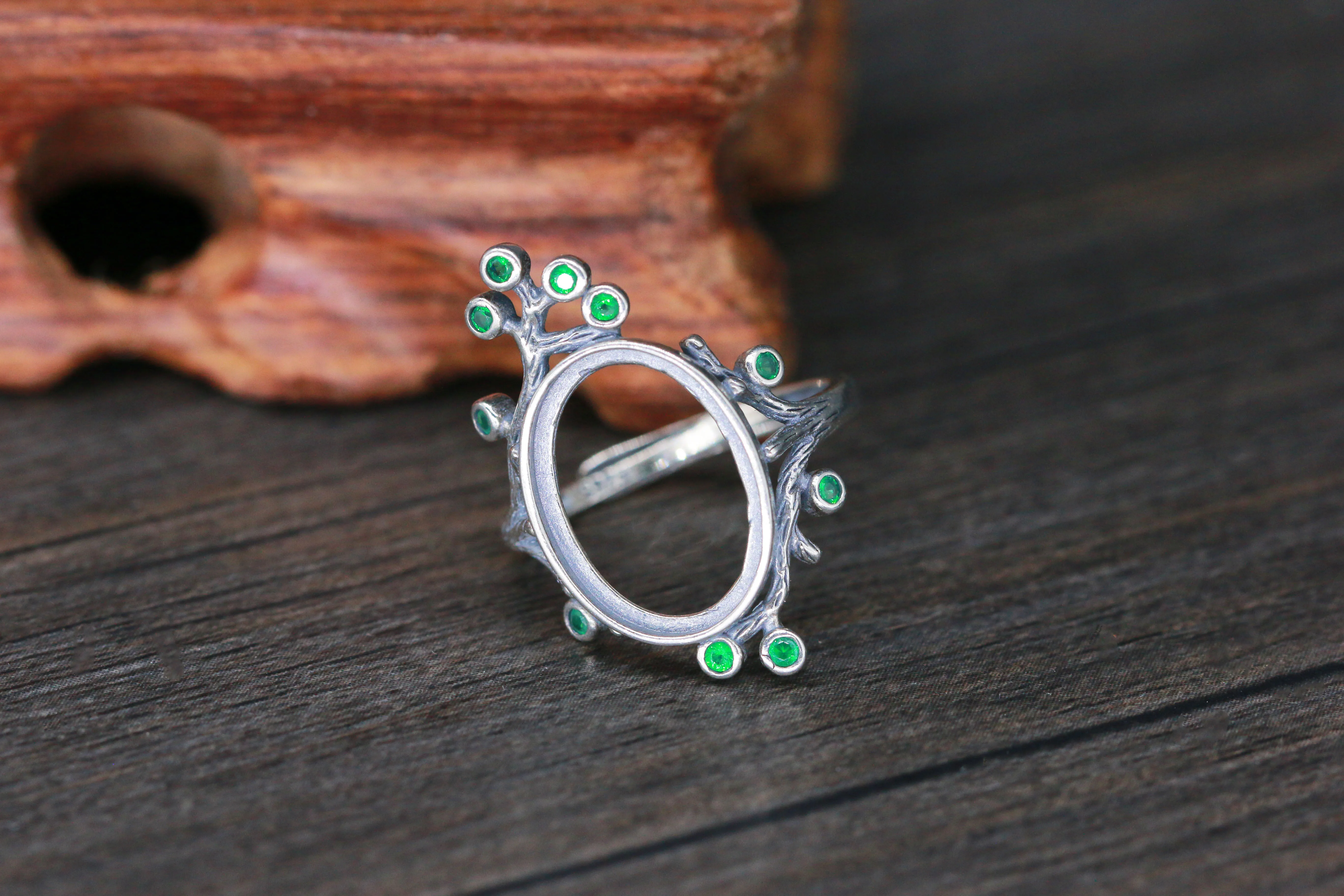 11X15MM Vine Sterling Silver Ring Set, Adjustable Opening, DIY Empty Ring Set with Honey Wax Amber Jadeite Jade