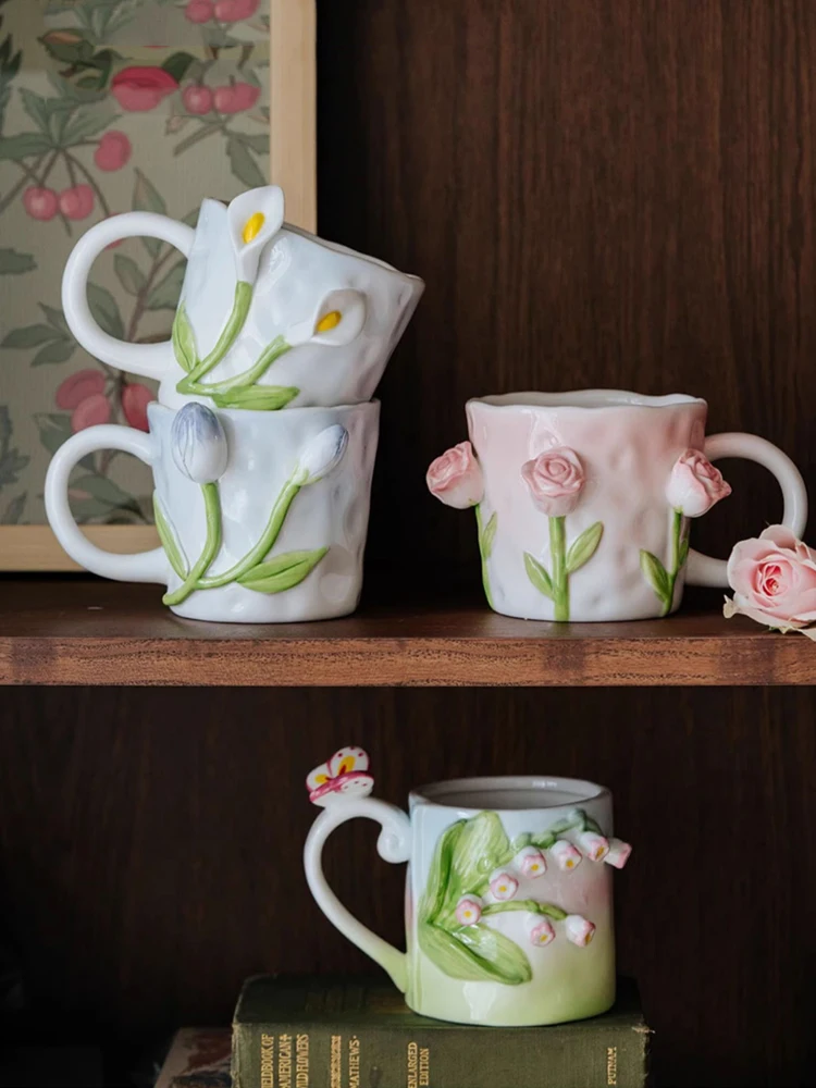 AhunderjIaz-Tulip Ceramic Mug, Handmade Floral Relief Design, Creative Rose Mug, Kitchen Drinkware Set, Home Decoration