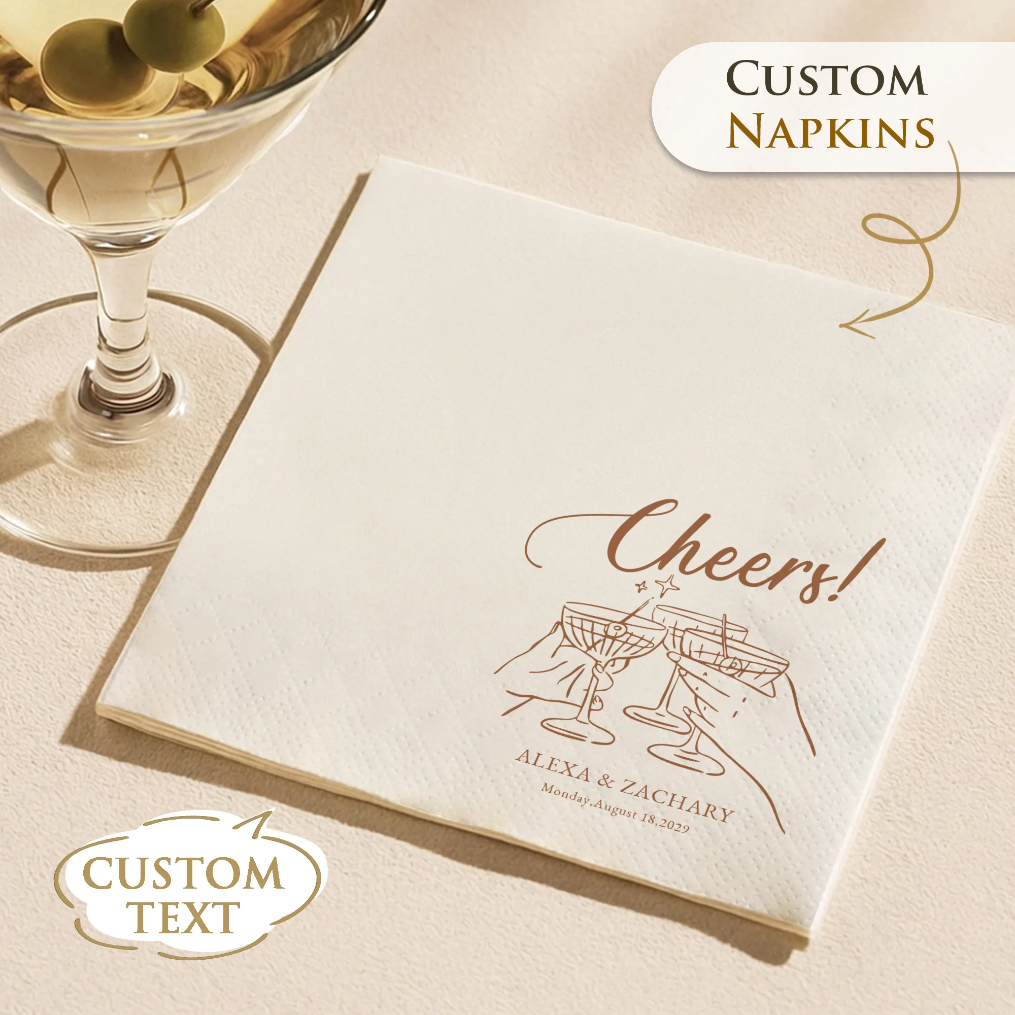 Personalisierte Cocktail-Servietten 3-lagig, personalisierte Cocktail-Servietten, Partydekoration, Einweg-Papierservietten für Hochzeit, Jubiläum, Brautparty