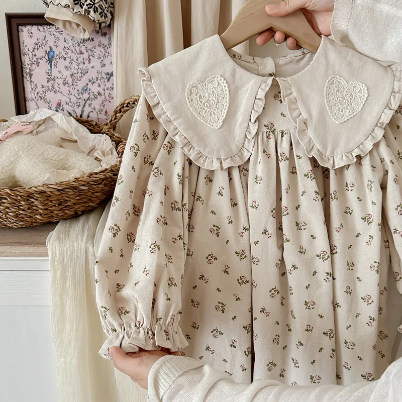 Girls' Pure Cotton Princess Dress with Lace Print Lapel Long-Sleeved Sweet Style Autumn New Fashion Children's Dress