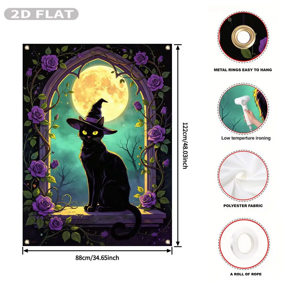 2D FLAT 1pc Party Banner, Halloween Window Cover with Black Cat Witch Hat Moon Purple Roses Window, 122x88cm, Polyester
