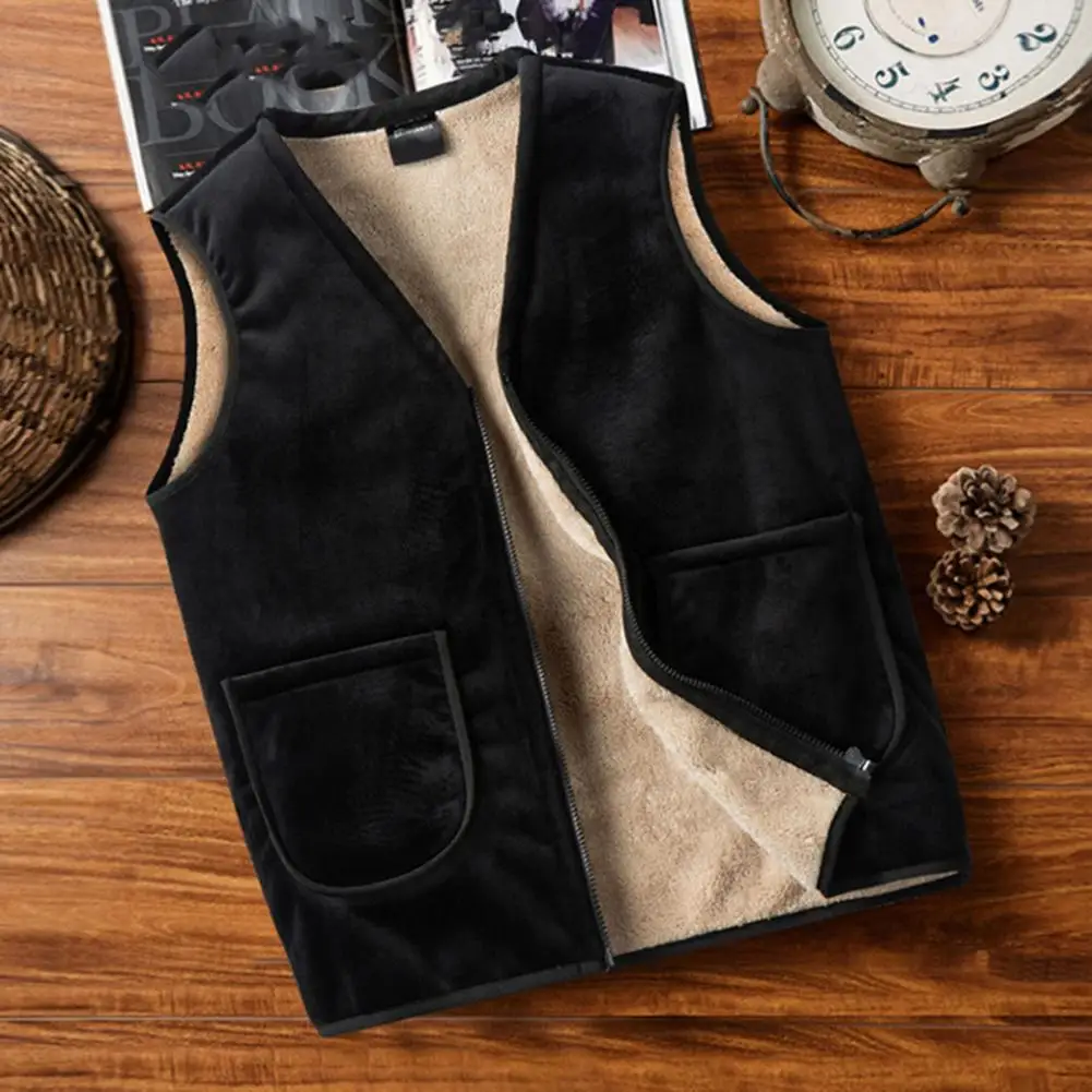 

Sleeveless Coat Men's V-neck Velvet Lined Vest Coat with Pockets Zipper Closure Thickened Warm Waistcoat for Winter Casual Men