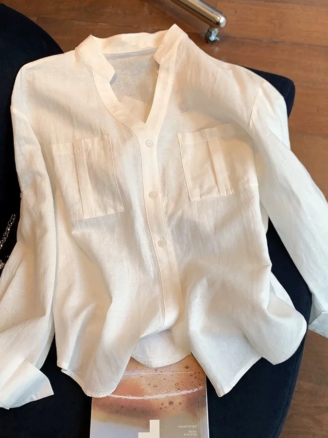 

Elegant White Stand Collar Casual Shirt Women's Fashion 2026 Spring New High-End Lightweight Comfortable Korean Style Blouse
