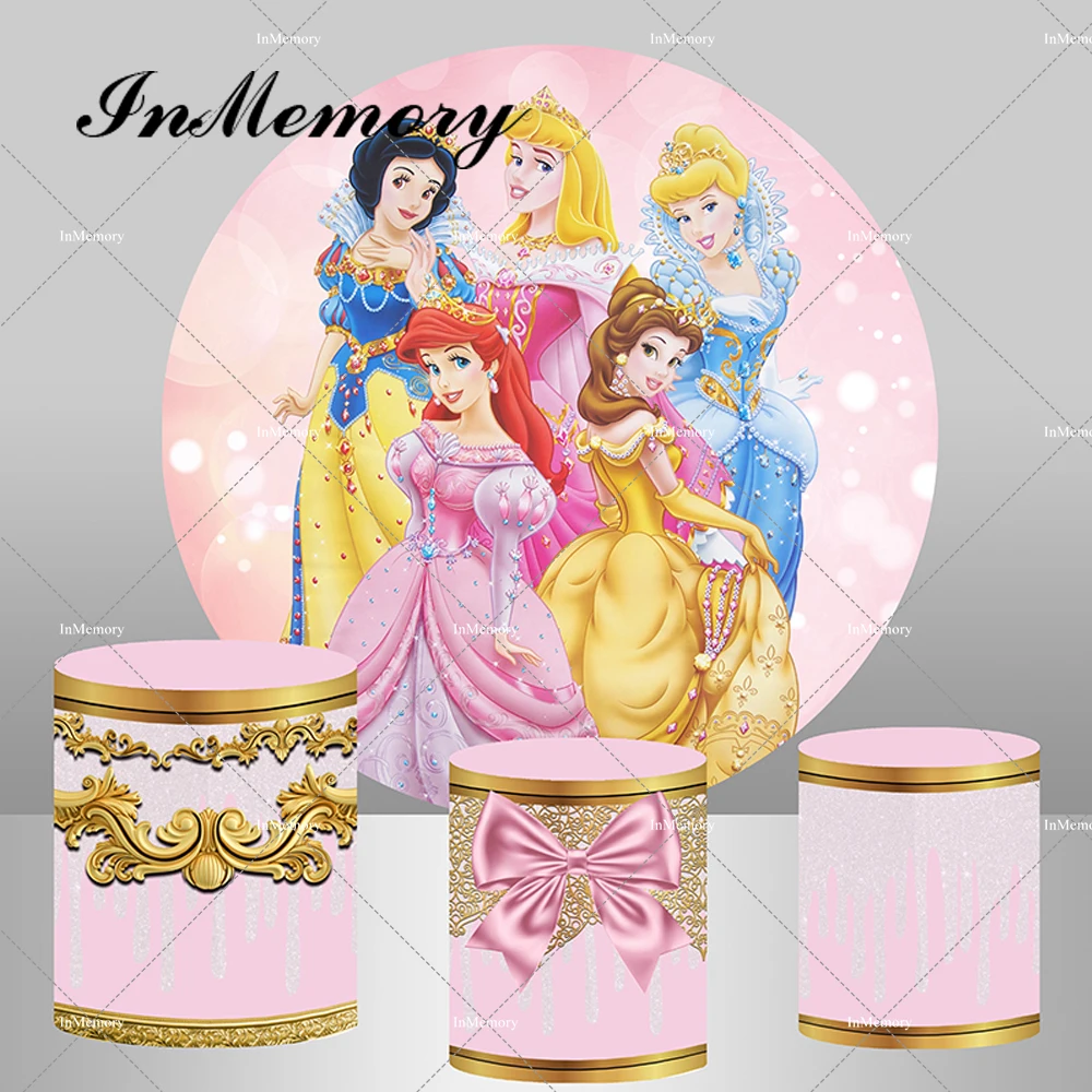 Princess Belle Ariel Cinderella Snow White Round Backdrop for Girls Baby Shower Birthday Party Gold Frame Bow Pedestal Covers