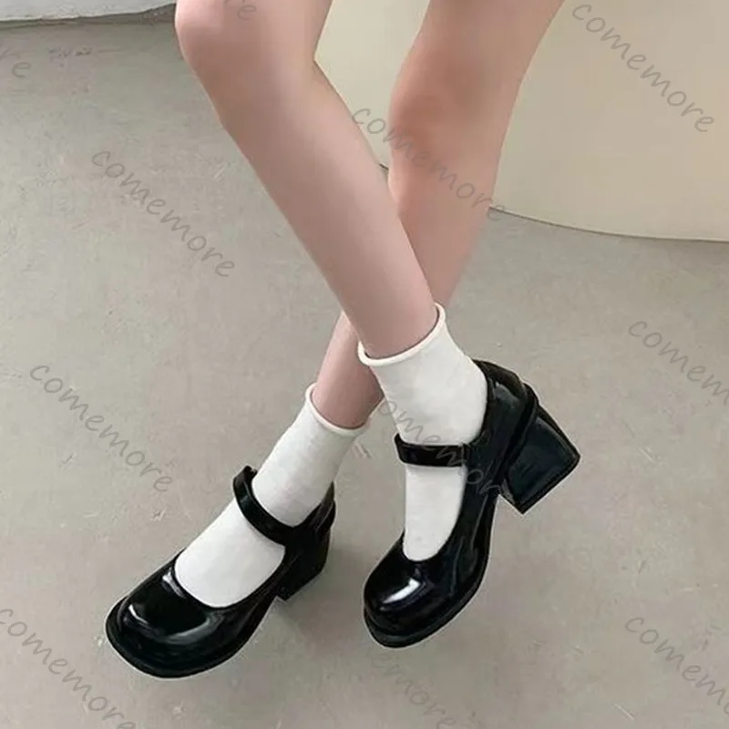 Comemore Schwarze Retro-Mary-Jane-Schuhe für Damen, klobiger High-Heel, runde Zehen, Leder-Kleiderpumps für Damen, 2026, Frühlings- und Sommerschuhe