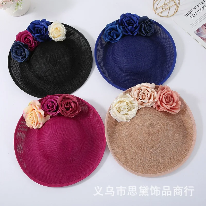 

New Flower Sun Hat with Wide Brim Hemp Plate Hollow Dome Edge Net Gauze Cap British Literary Dress Cap