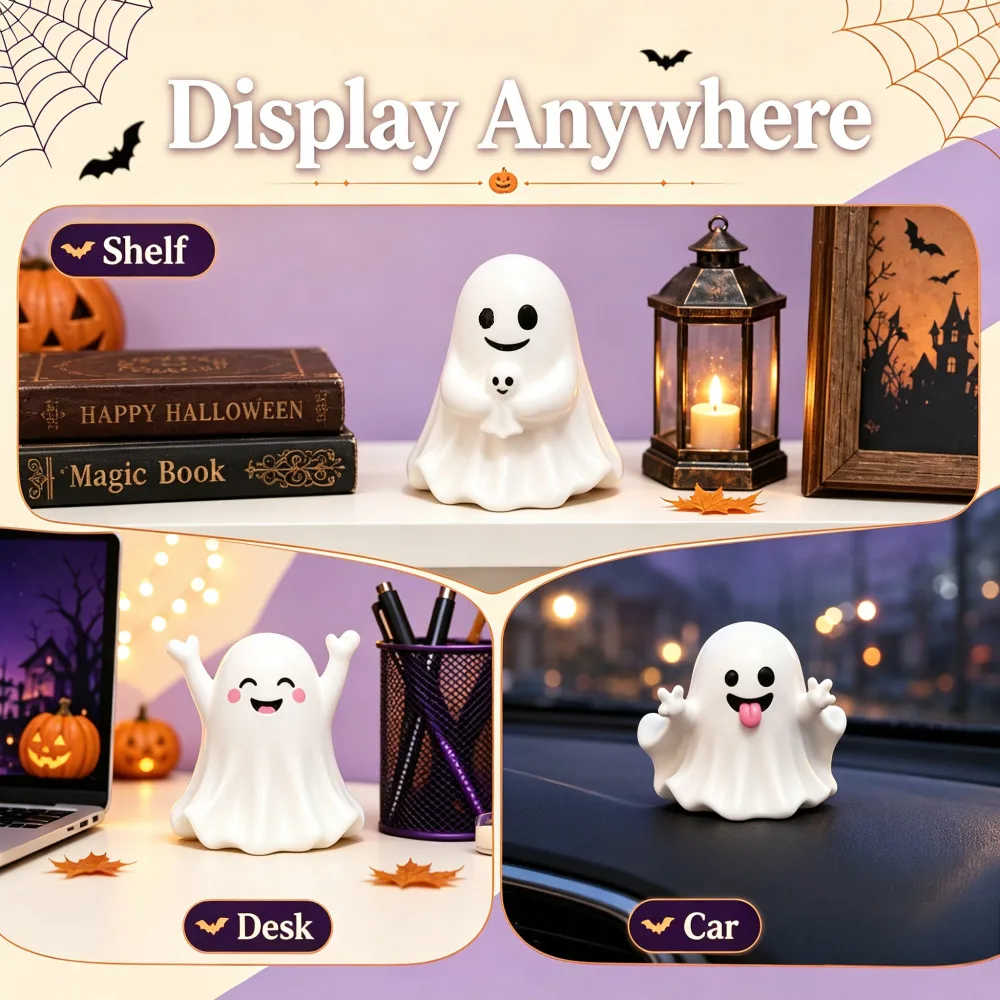 Niedliche Halloween-Geisterfiguren, Lustige Gesichts-Miniaturstatue für den Schreibtisch, Dekoration für Zuhause, Regal, Auto, Tisch, Geschenk für Feiertagspartys – Detail 5