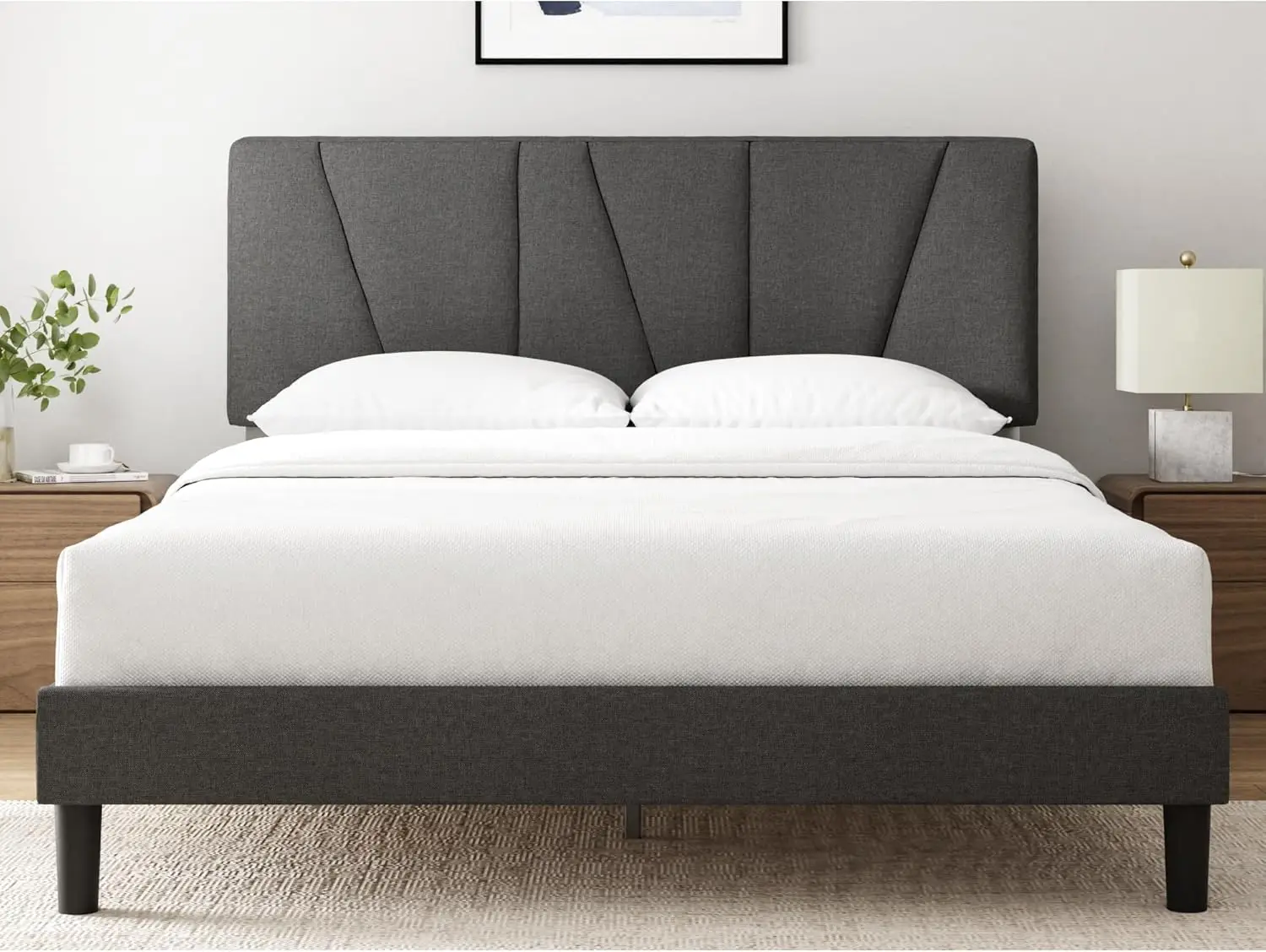 Upholstered Bed Frame with Asymmetric Headboard, Durable Wooden Slats, Sturdy Framework, Noise Free Sleep, No Box Spring Needed,