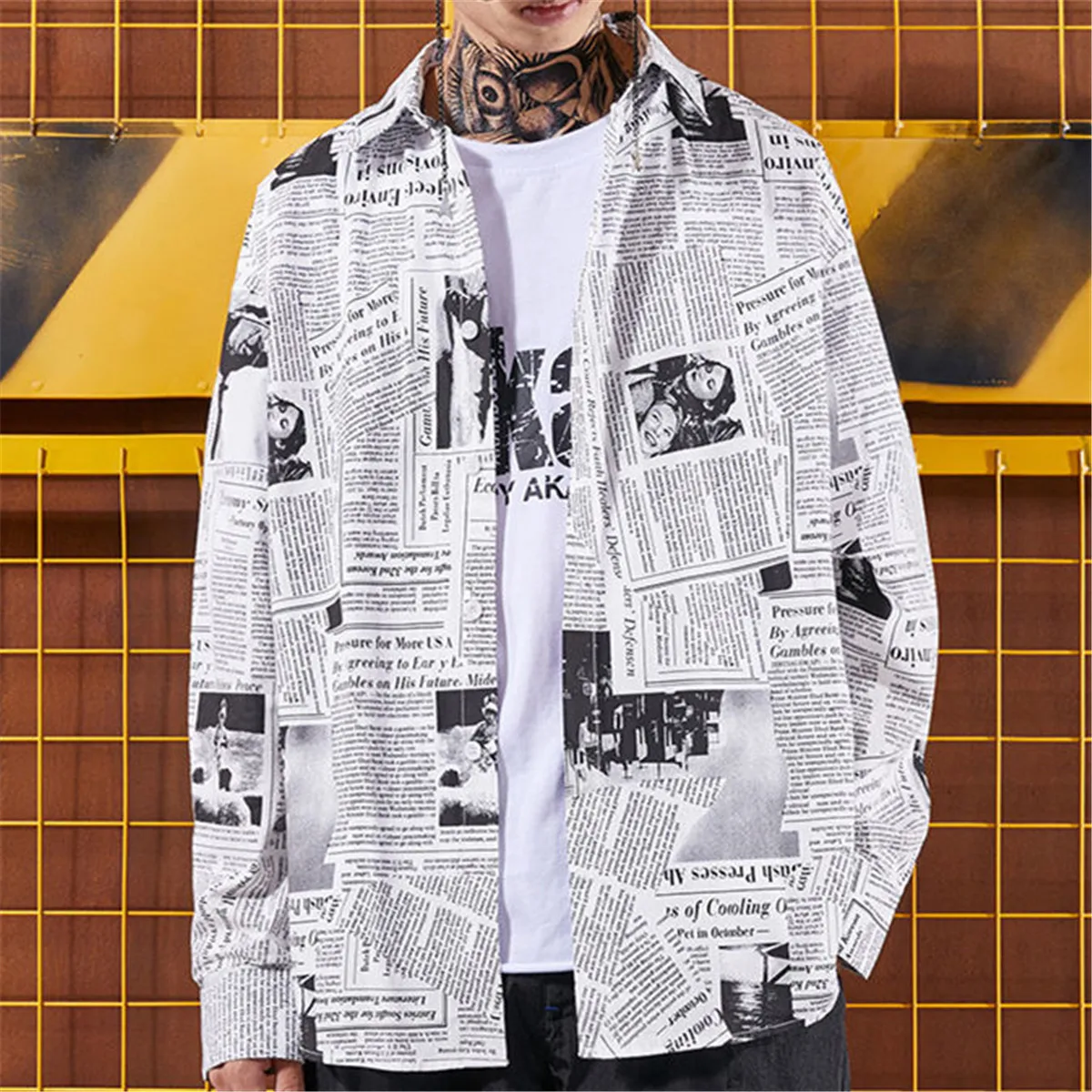 Cool Newspaper Print Shirt Men Gothic Oversize Shirts Japan Funny Shirts Long Sleeve Loose INS Tops Summer Punk Harajuku Shirt