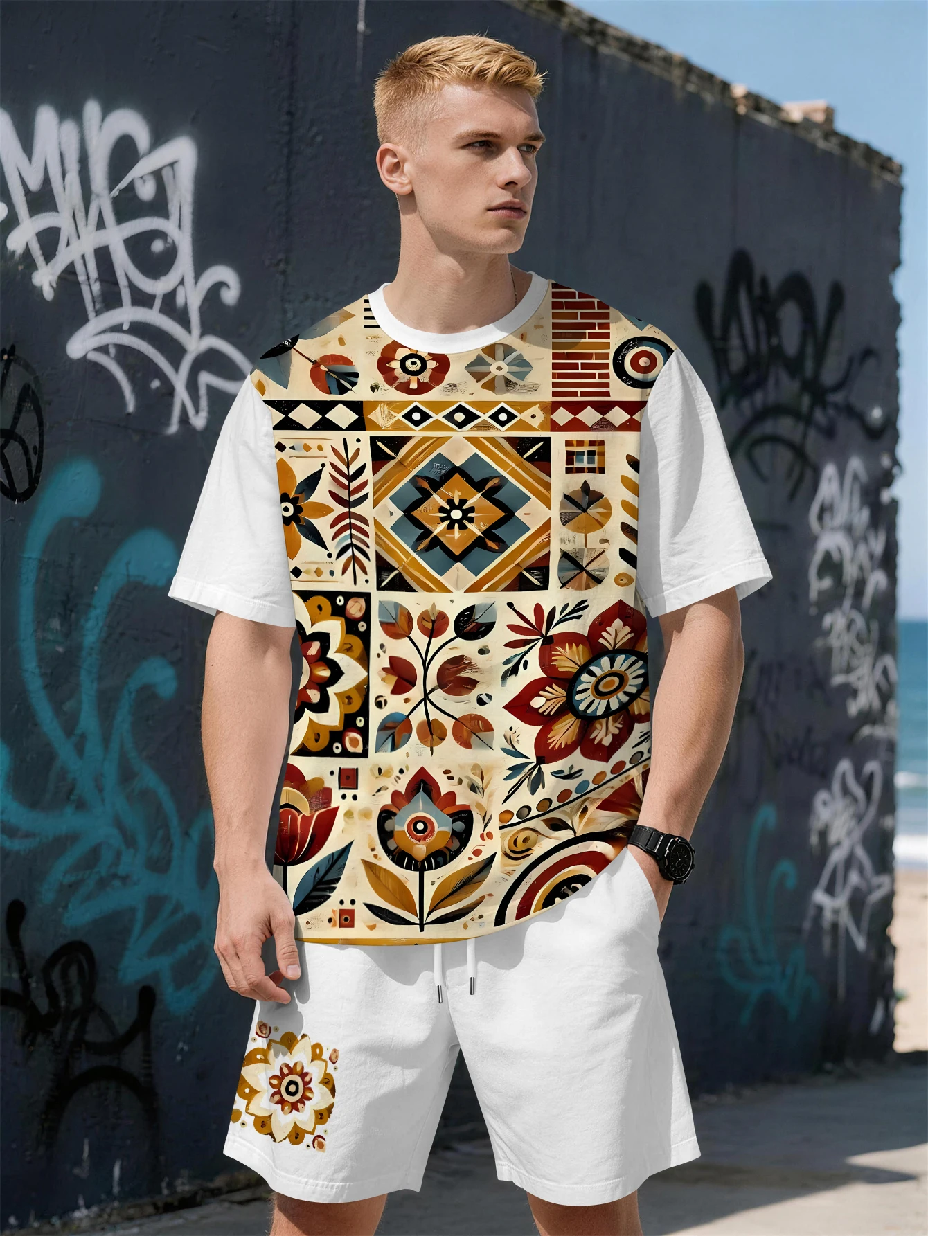 

2026 Summer New Men's Short-Sleeved Set with 3D Trendy Pattern Print Casual and Fashionable Street Style Comfortable and Soft
