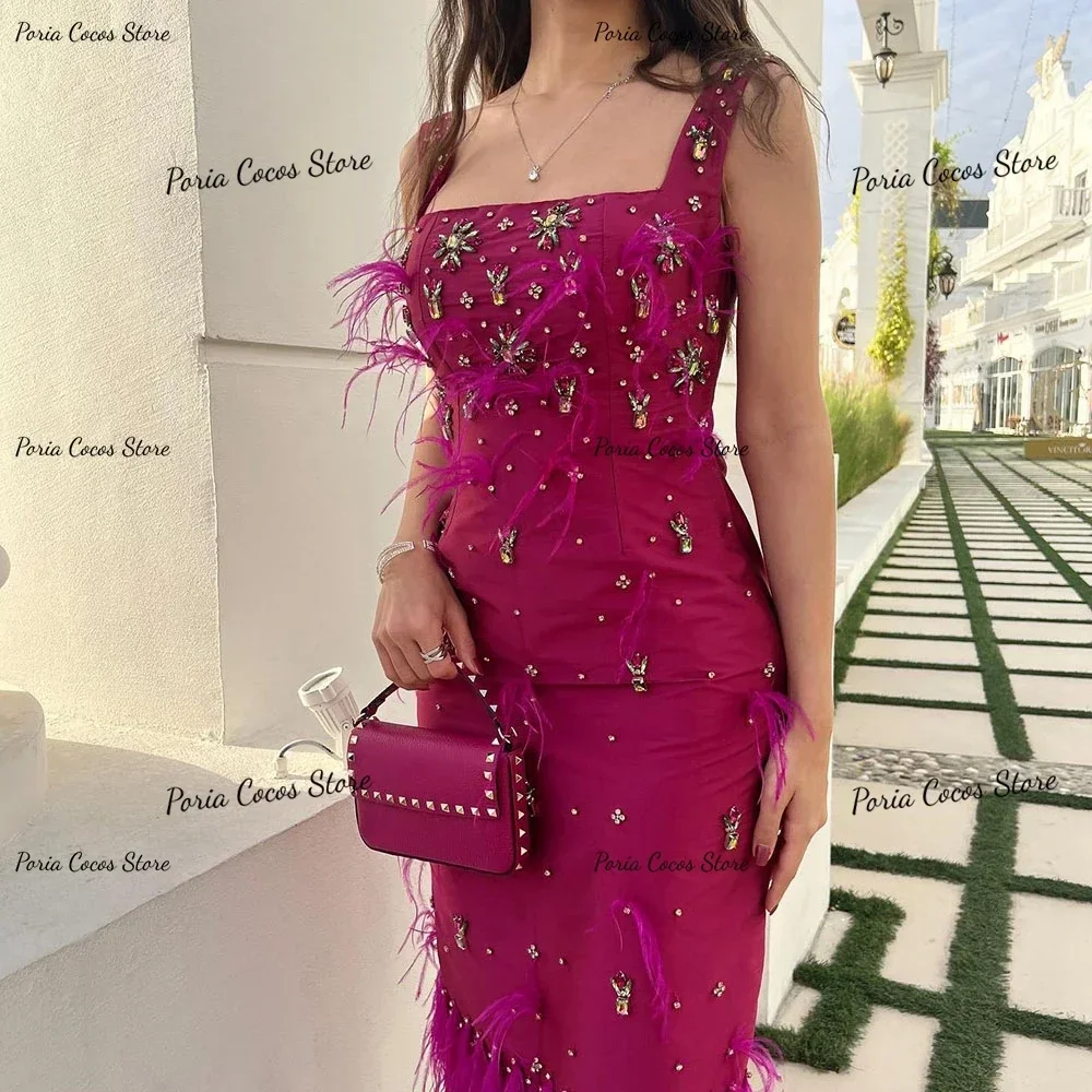 Customized Party Dress Spaghetti Strap Square Neck Sheath Feathers Prom Gown Sexy Backless High Quality Evening Gowns for Women image 5