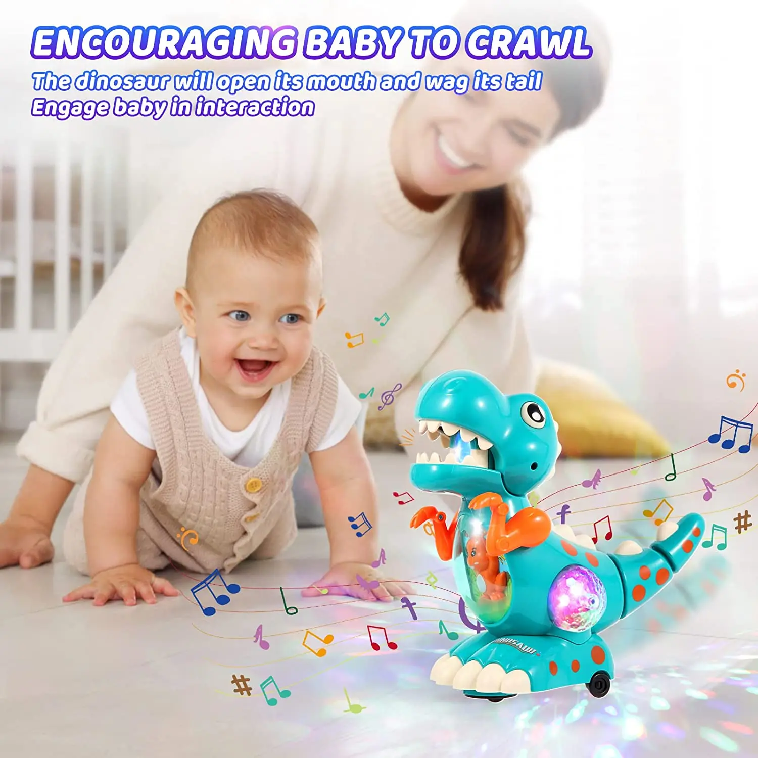 Brinquedos para bebês de dinossauro rastejante para 3 anos, brinquedos para barriga com música e luzes LED coloridas musicais interativos