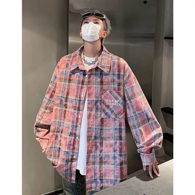 

Summer Large Size 250 Pou American Sle Spliced Oustide Dyeing Plaid Loose Long Sve Men's irt Trendy Brand Casual irt