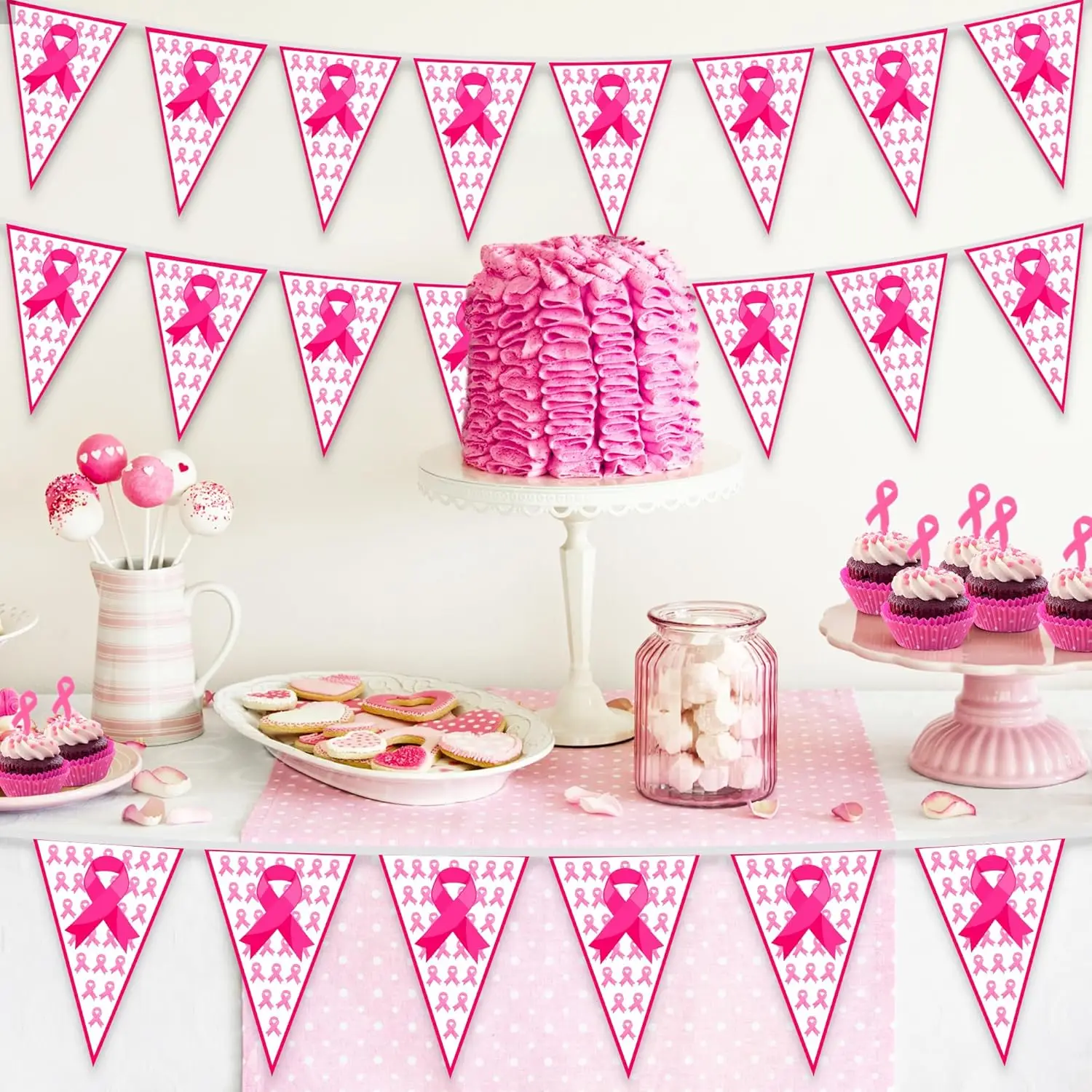100 Fuß rosa Bandbanner – 60 Stück Brustkrebs-Bewusstseins-Wimpelflaggen, vormontierte Dekoration für Partywand im Innen- und Außenbereich – Detail 7