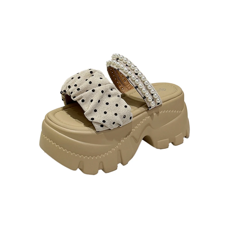 8,5 cm hohe, klobige Pantoletten für Damen, offene Zehenpartie, hohe Plateau-Sandalen für draußen, Damen-Sommer-Sandalen mit dicker Sohle, Perlen-Flip-Flops für den Strand