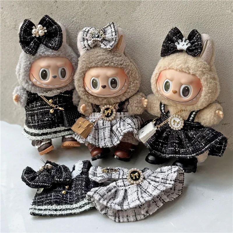 15 17 cm Voor Labubu Pop Hoge Kwaliteit Kleding Raster Stijl Kleine Geur Jurk Kleding Luxe Tas CryBaby Zitten Party serie