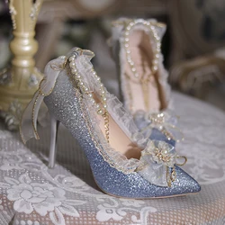 Lolita High Heels One Night Story Lolita Shoes Shiny Pointed High Heels Flower Wedding Ceremony 18 Year Old Slim Heels
