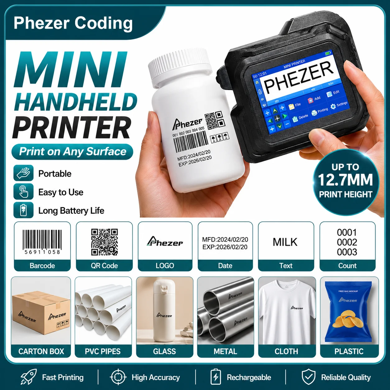 Phezer Portable Heldhand Inkjet Printer Pc98 Mini Printer 28 Languages Mini Printer QR Bar Expiry Date Code Date Logo