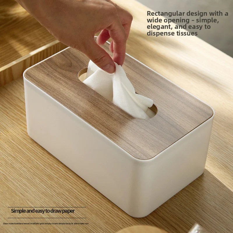 Japanese Style Bamboo Wood Tissue Box - Simple Plastic Multifunctional Storage Box for Living Room Table