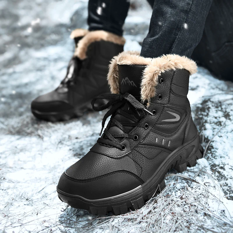 Men's Fur Lined Snow Boots Warm Thermal Lace-Up Winter Outdoor Plus Size