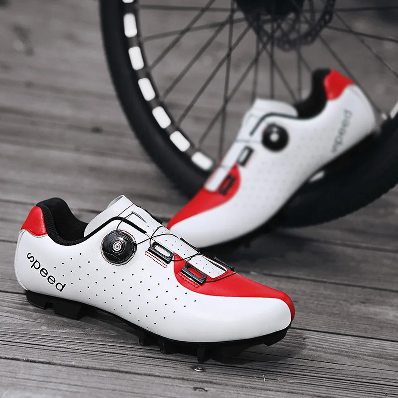Men Women Shoes Unisex Rotary Knob Buckle Road Cycling Shoes Breathable Perforated Upper Rigid Sole Indoor Outdoor Biking Shoes
