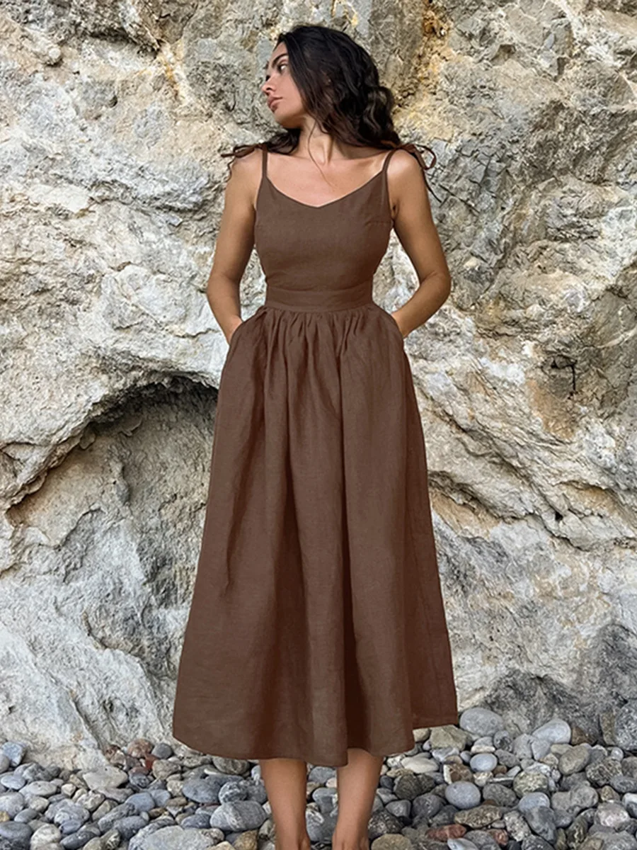 

Летнее сексуальное платье в стиле Pure Desire из хлопка и льна на тонких бретелях с завышенной талией и завязками, миди-длина