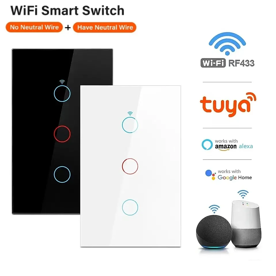 Tuya Smart Life EUA Wi-Fi Wall Touch LED Light, sem fio neutro, App remoto, 110V, 220V, Interruptor para Alexa, Google Home