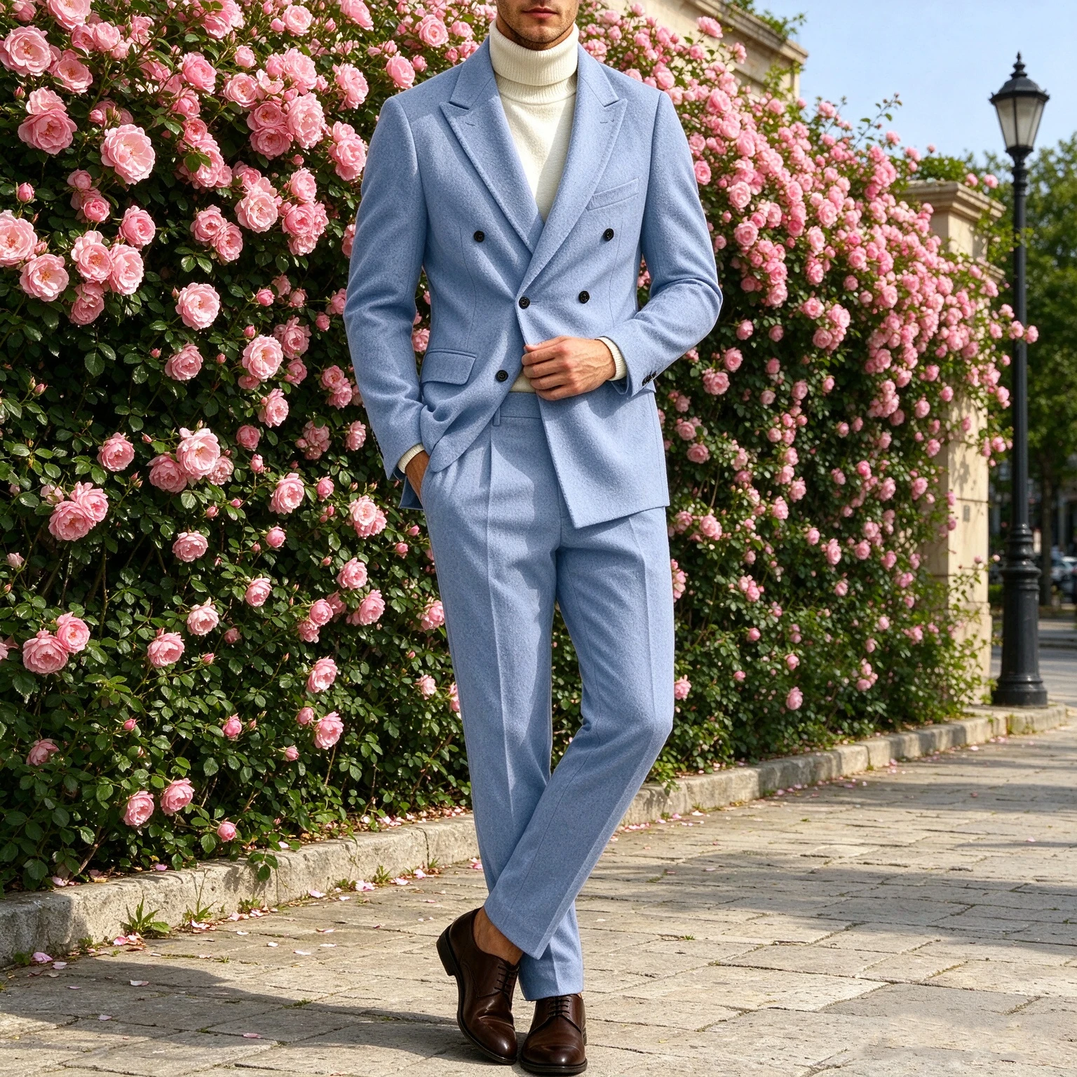 Men's Double Breasted Suit 2 Pieces Peak Lapel Slim Fit Blazer Pants Set Wool Blend Formal Business Casual Suit Jacket Trousers