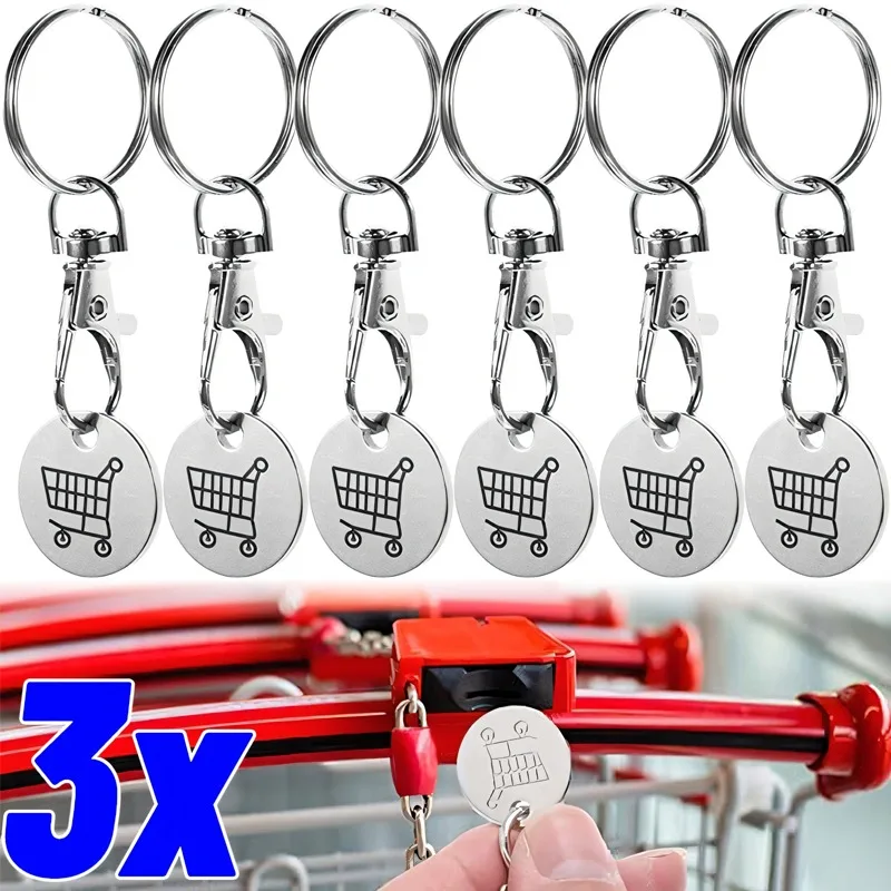 Shopping Cart Trolley Tokens Key Ring Mini Metal Stainless Steel Key Ring Remover Coin Label Keychain Unisex Grocery Decoration