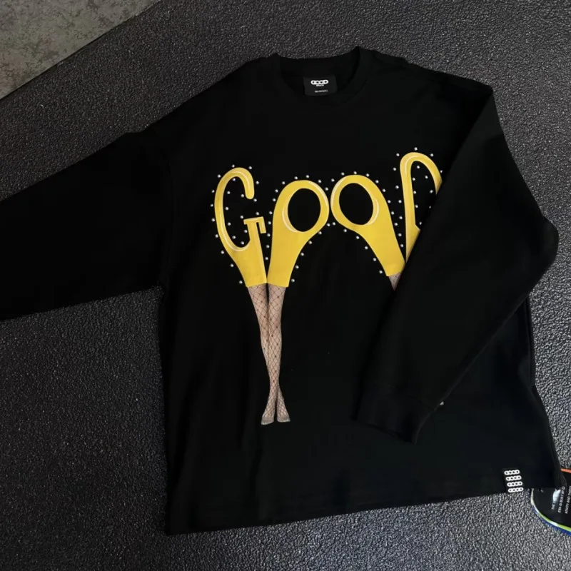 Fashion Men Women Black GOODBRAND Tshirts Enchanting Rivet Scissors Leg Print Round Neck Long Sleeve Pullover Streetwear