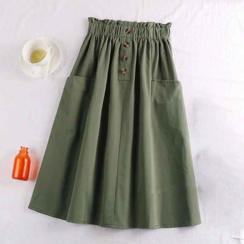 Summer Autumn Skirts Womens Midi Knee Length Korean Elegant Button High Waist Skirt Female Pleated School Skirt