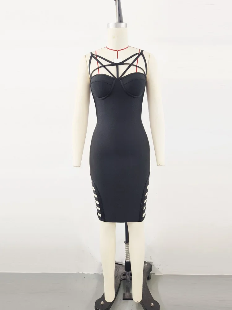 2025 Women Sexy Sleeveless Cut Out Black Midi Bodycon Dress Birthday Party Costume Bar Nightclub Stage Performance Clothing