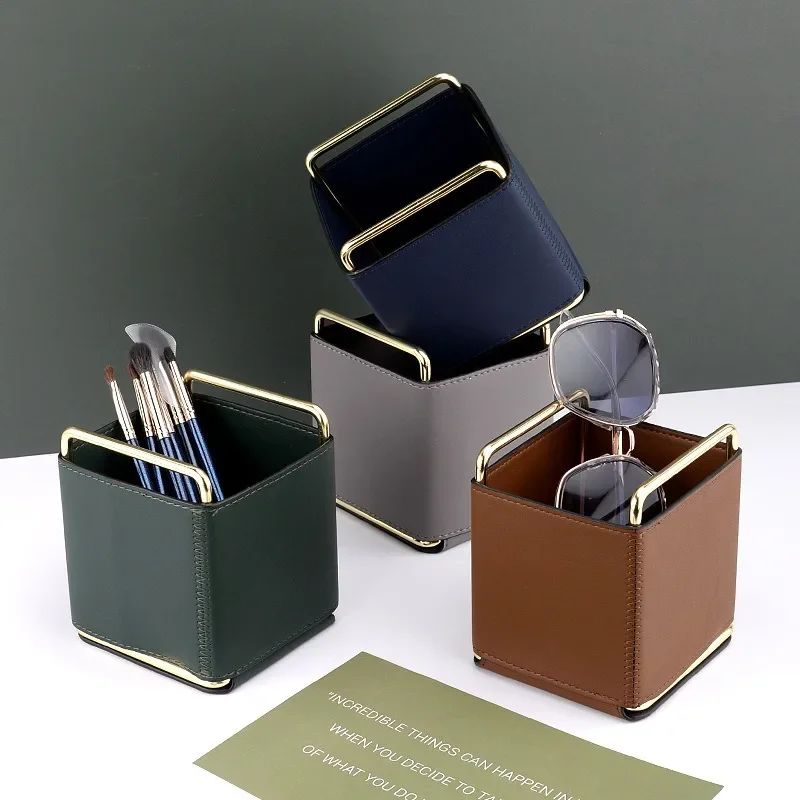 AhunderJiaz  European Style Desktop Leather Organizer Cosmetic Brush Jewelry Storage Box Organizer Home Decoration