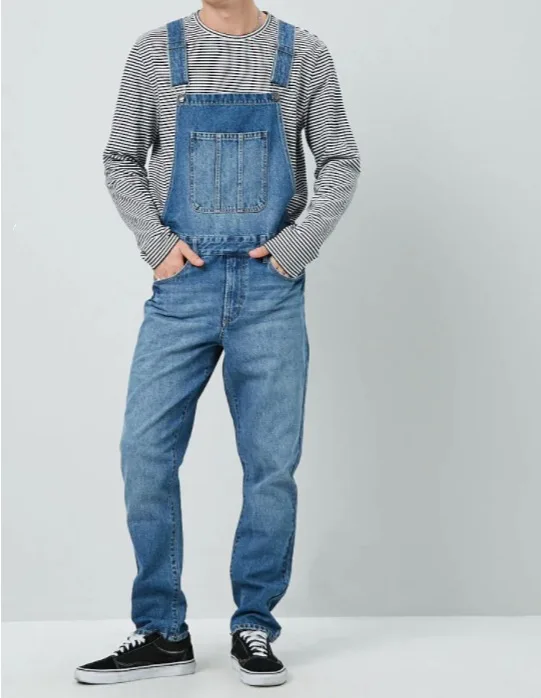 Spring Autumn New Mens Jeans Fashion Overalls Men Pockets Casual Loose Long Denim Pants Splice Straight Rompers Men Streetwear